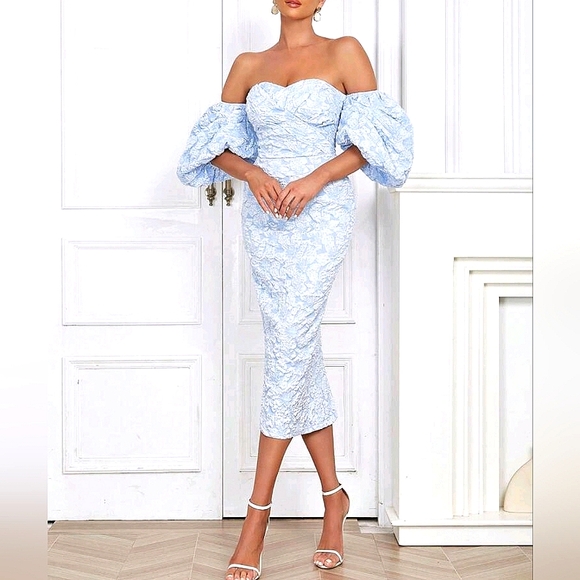 New Luxe Textured Floral Puffed Sleeve Dress Midi Off Shoulder Light Blue - Picture 6 of 10